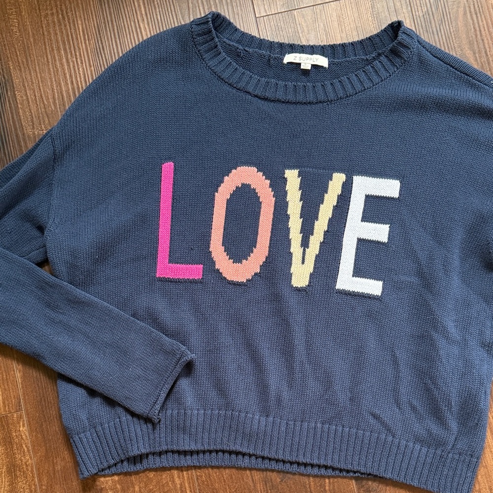 Z Supply Navy Sweater with Colorful LOVE Design